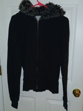 Black Faux-Fur Hooded Zip Jacket
